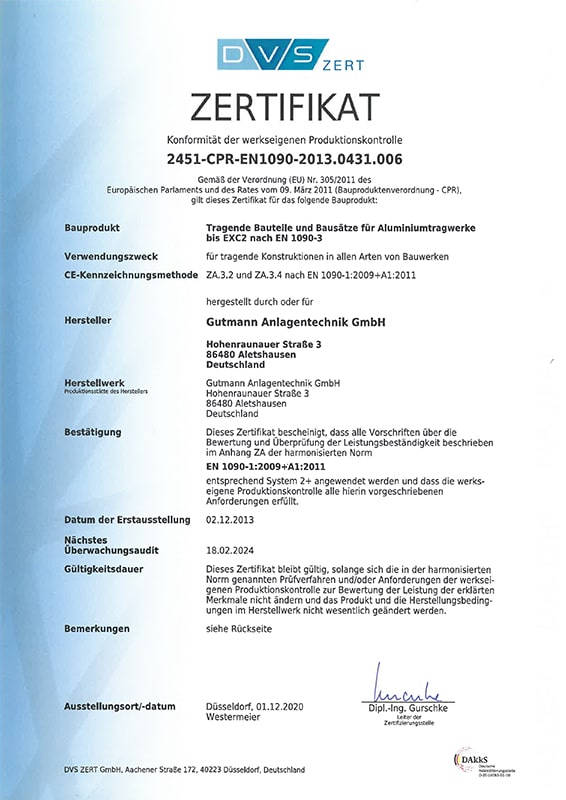 Gutmann Zertifikat EN 1090-1:2009+A1:2011