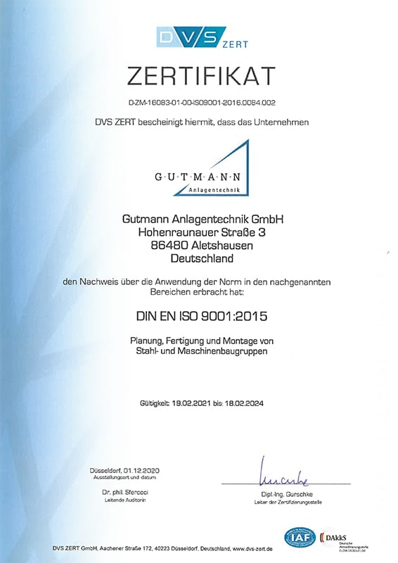 Gutmann Zertifikat DIN EN ISO 9001:2015