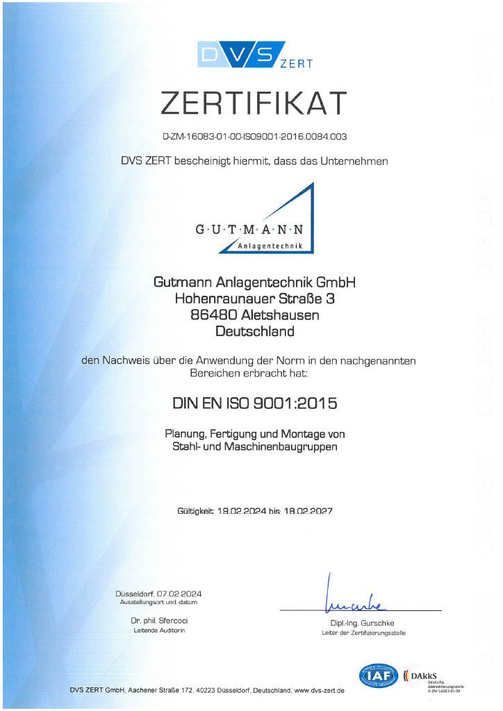 Gutmann Zertifikat DIN EN ISO 9001:2015