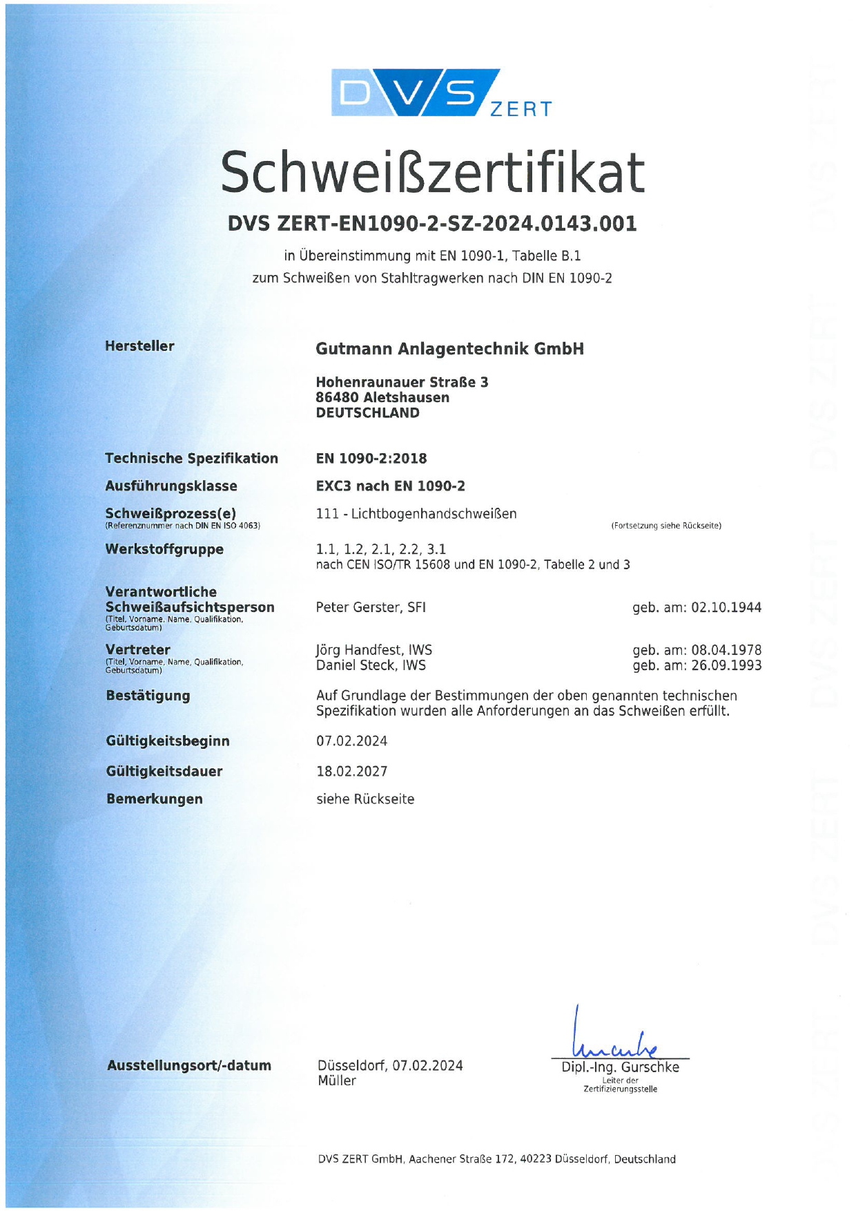 Gutmann Zertifikat EN 1090-1:2009+A1:2011